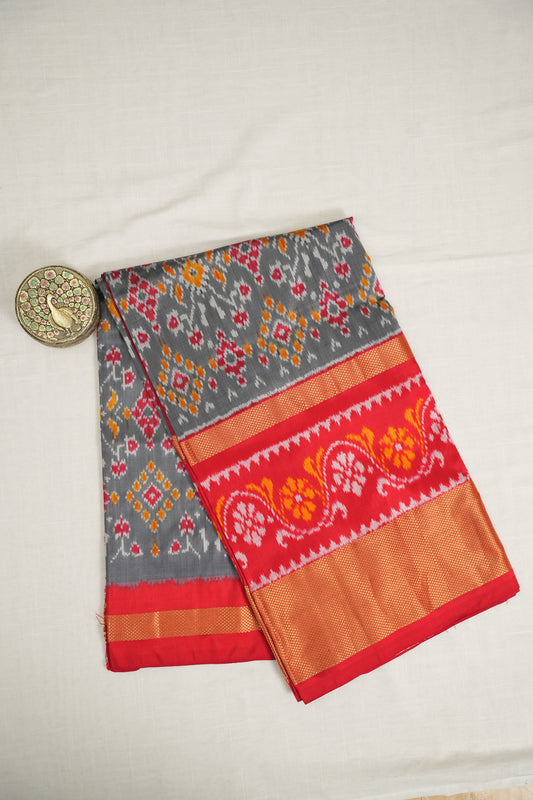 Grey and Red Ikat Silk Saree