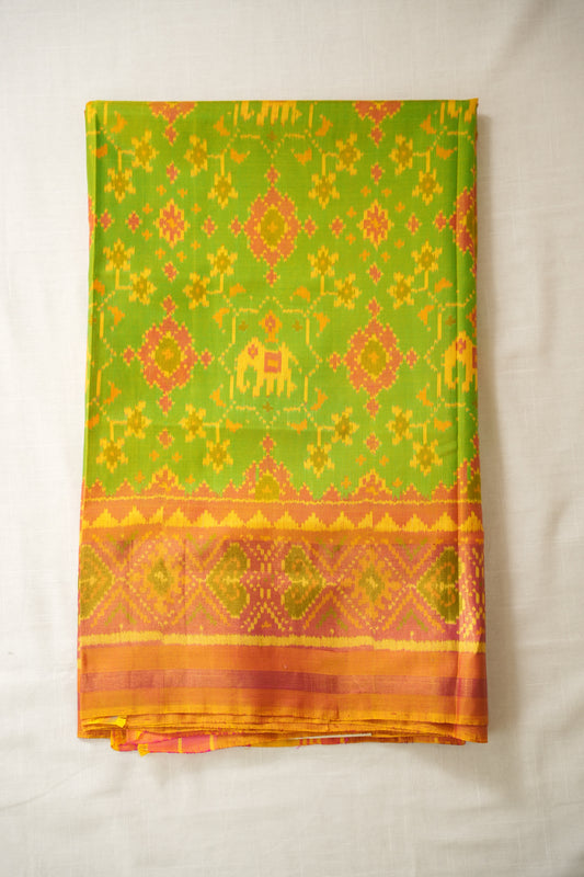 Green & Yellow Ikat Silk Saree