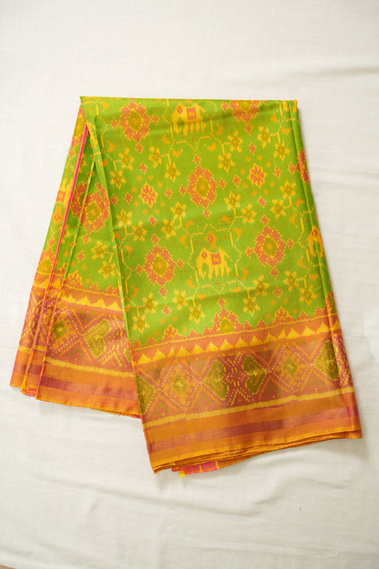Green & Yellow Ikat Silk Saree