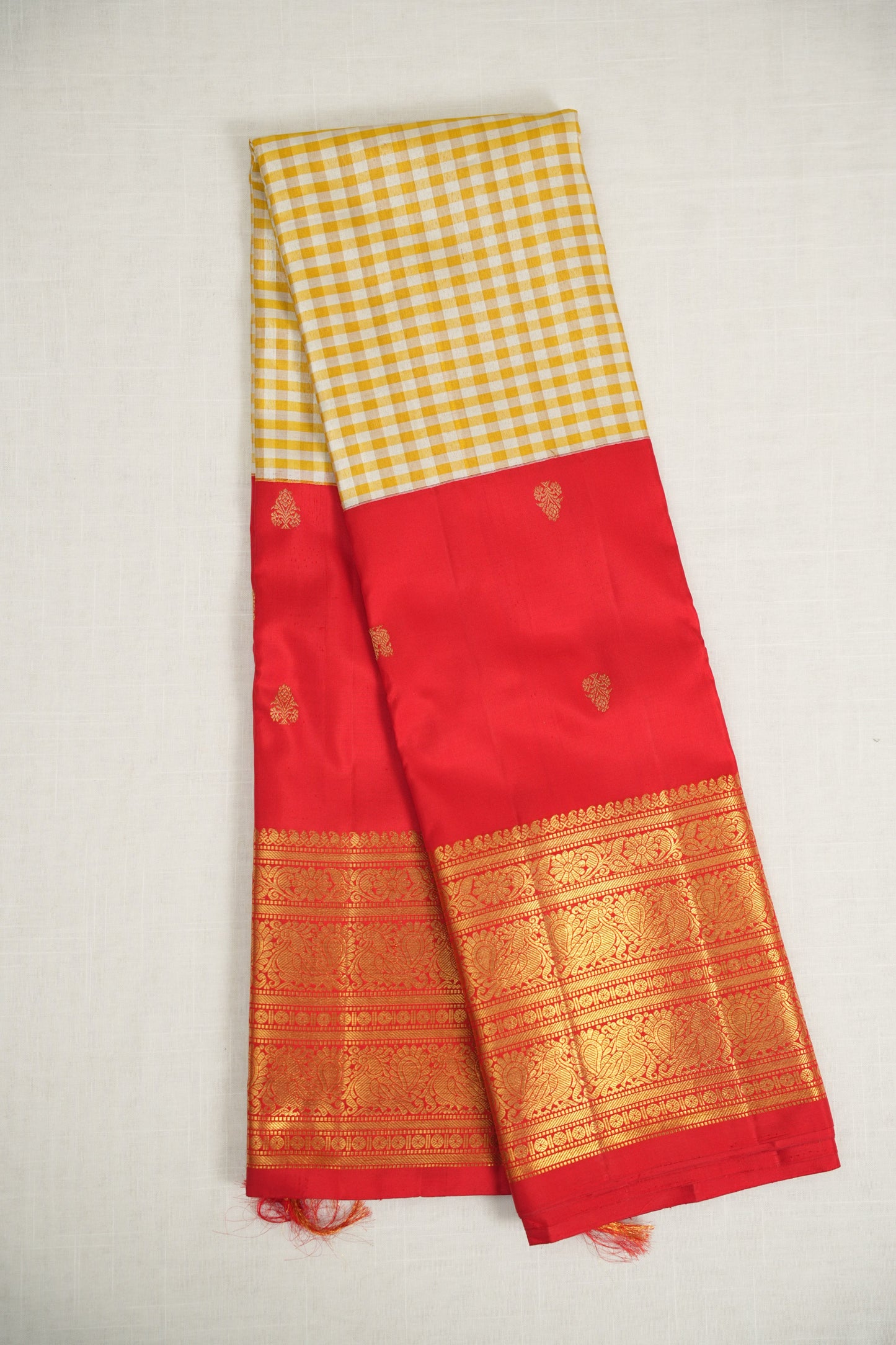 Checked Yellow and Red Silk Saree