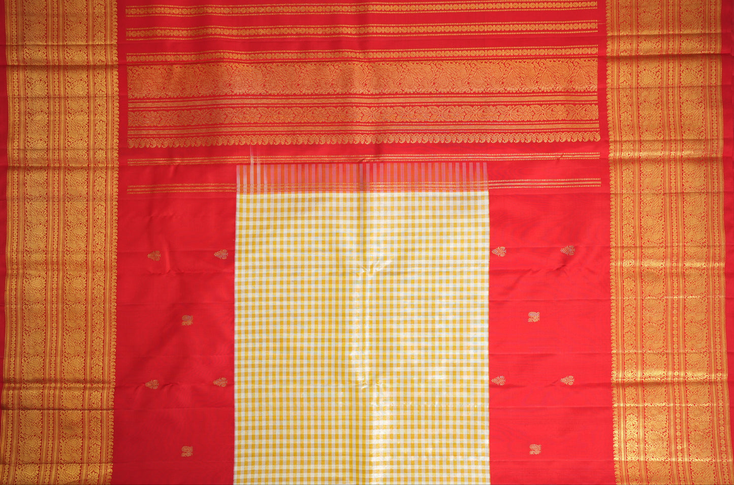 Checked Yellow and Red Silk Saree