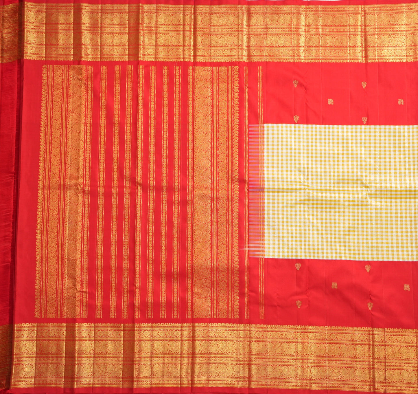 Checked Yellow and Red Silk Saree