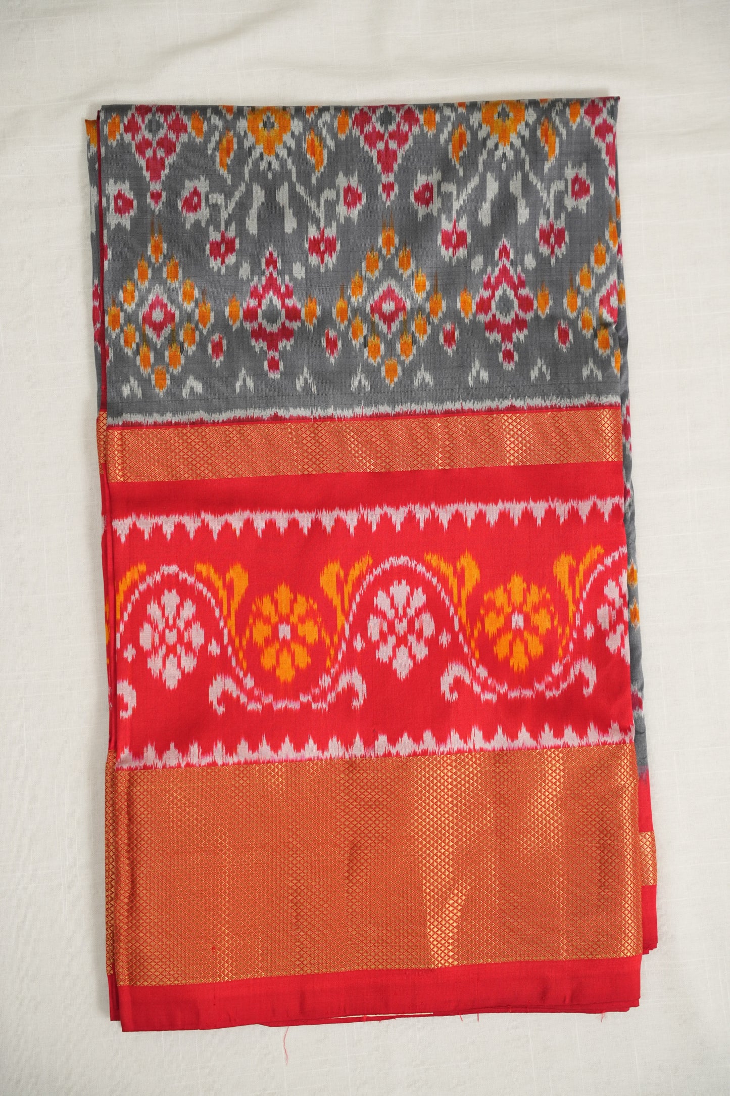 Grey and Red Ikat Silk Saree
