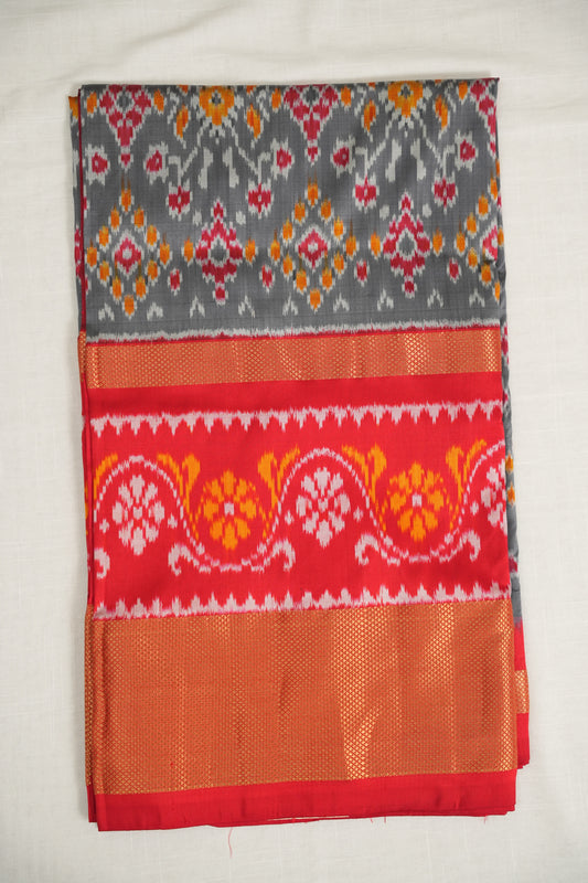 Grey and Red Ikat Silk Saree