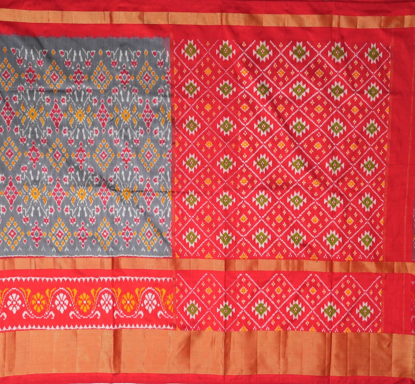 Grey and Red Ikat Silk Saree