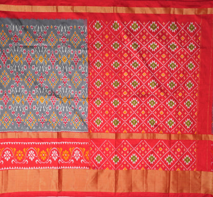 Grey and Red Ikat Silk Saree